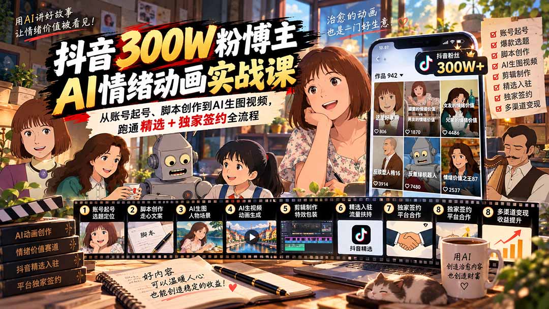 抖音300W粉博主AI情绪动画实战课:从账号起号、脚本创作到AI生图视频,跑通精选+独家签约全流程