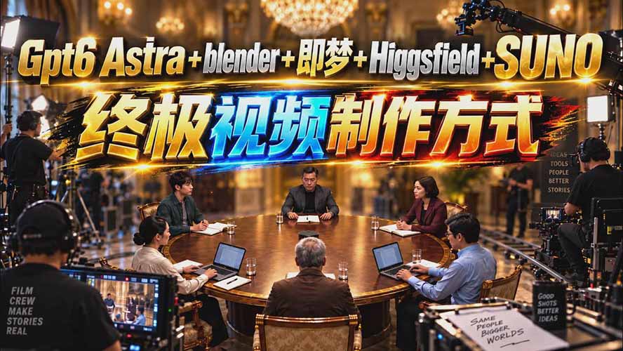 GPT-6 Astra+Blender+即梦+Higgsfield+Suno=终极视频制作方式(无水印)