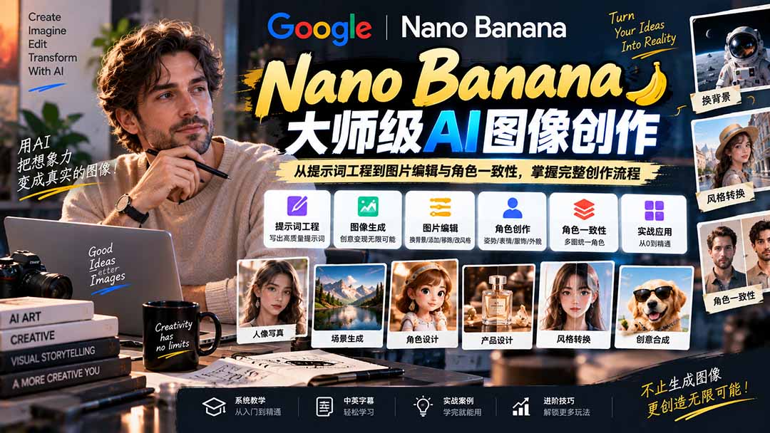 【无水印】Nano Banana大师级AI图像实战课:从提示词工程到图片编辑与角色一致性,掌握完整创作流程