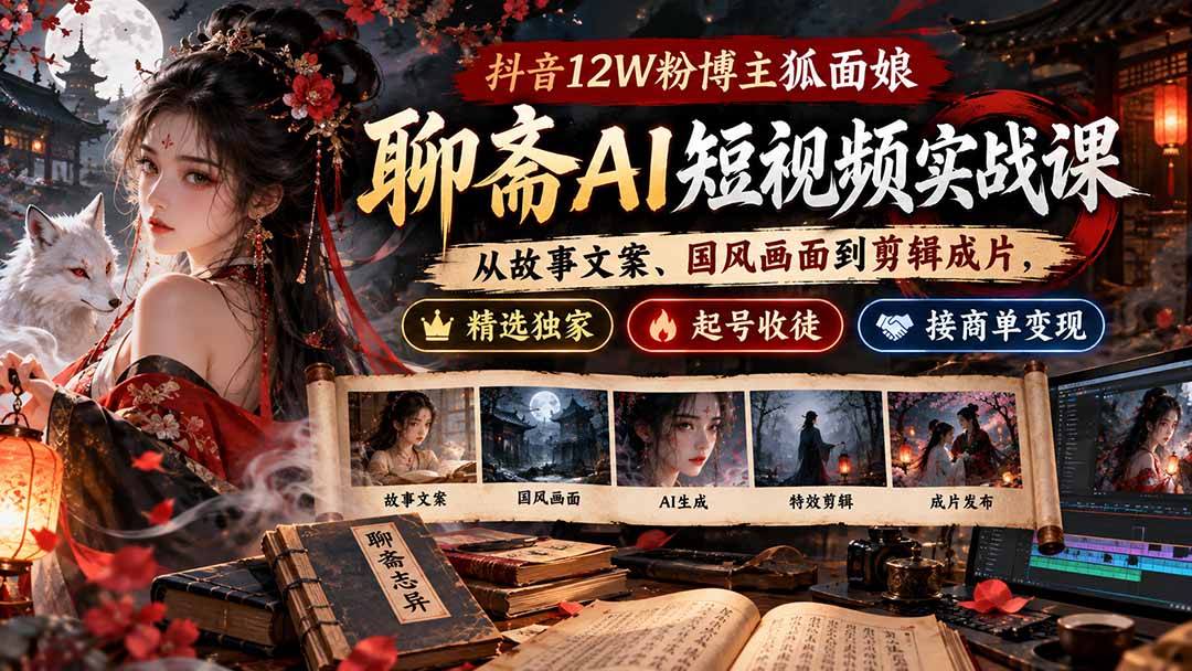 抖音12W粉博主狐面娘-聊斋AI短视频实战课:从故事文案、国风画面到剪辑成片,精选独家+起号收徒+接商单变现