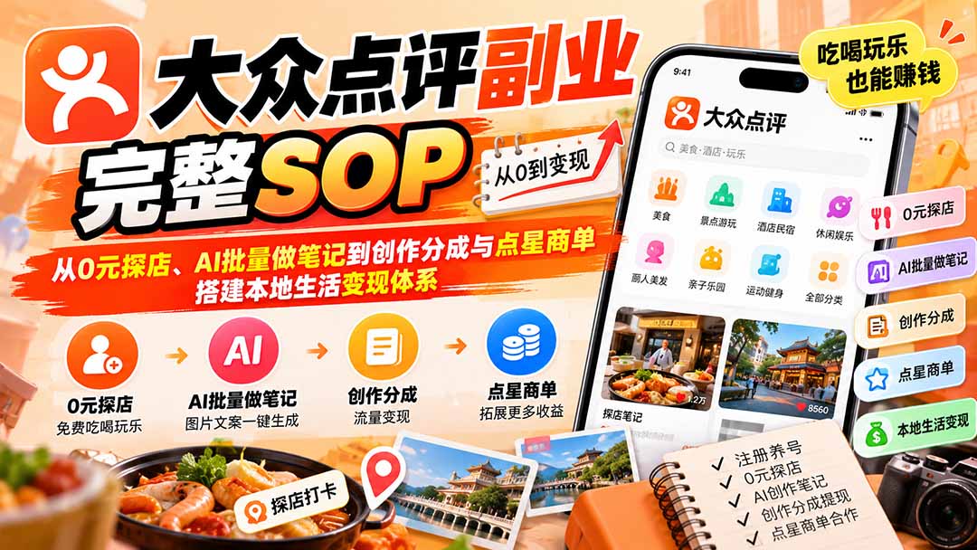【无水印】大众点评副业完整SOP:从0元探店、AI批量做笔记到创作分成与点星商单,搭建本地生活变现体系