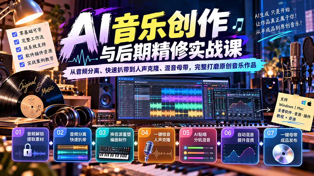 AI音乐创作与后期精修实战课:从音频分离、快速扒带到人声克隆、混音母带,完整打磨原创音乐作品
