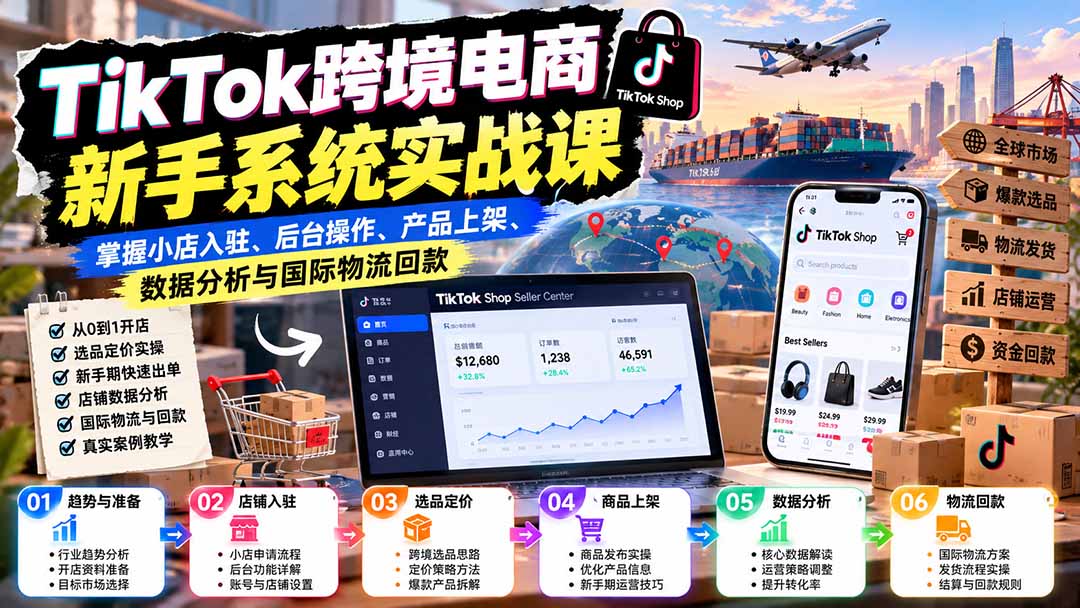 TikTok跨境电商新手系统实战课:掌握小店入驻、后台操作、产品上架、数据分析与国际物流回款