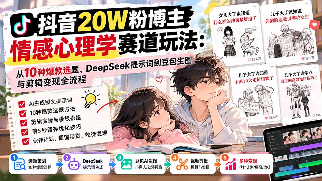 抖音20W粉博主-情感心理学赛道玩法:从10种爆款选题、DeepSeek提示词到豆包生图与剪辑变现全流程