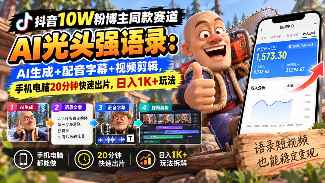【无水印】抖音10W粉博主同款赛道AI光头强语录:AI生成+配音字幕+视频剪辑,手机电脑20分钟快速出片,日入1K+玩法