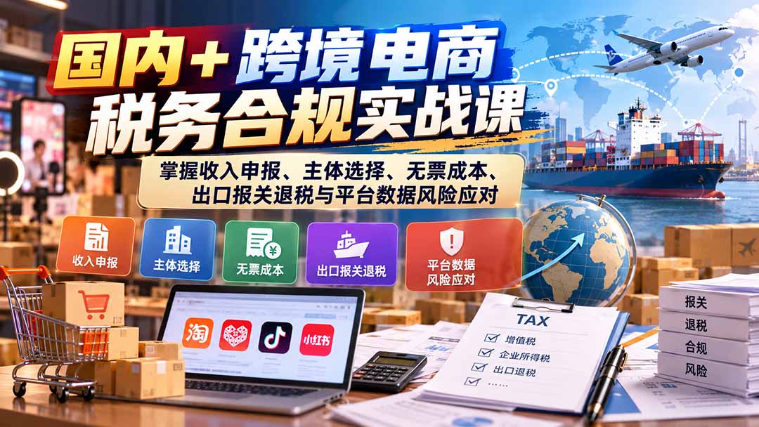 国内+跨境电商税务合规实战课:掌握收入申报、主体选择、无票成本、出口报关退税与平台数据风险应对