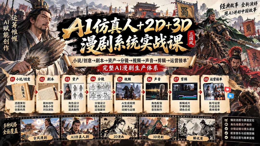 AI仿真人+2D+3D漫剧系统实战课:小说/创意→剧本→资产→分镜→视频→声音→剪辑→运营接单,完整AI漫剧生产体系