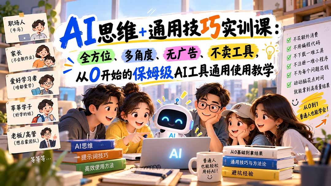 AI思维+通用技巧实训课:全方位、多角度、无广告、不卖工具,从0开始的保姆级AI工具通用使用教学