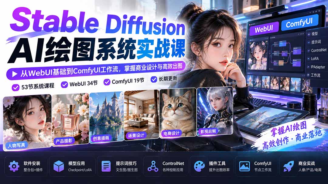 Stable Diffusion AI绘图系统实战课:从WebUI基础到ComfyUI工作流,掌握商业设计与高效出图