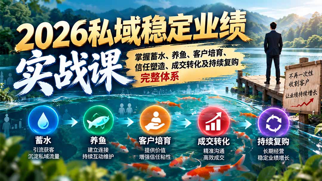 2026私域稳定业绩实战课:掌握蓄水、养鱼、客户培育、信任塑造、成交转化及持续复购完整体系