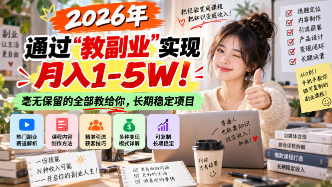 “教副业”实现月入1-5W!长期稳定,毫无保留的全部教给你! “教副业”实现月入1-5W!长期稳定,毫无保留的全部教给你!