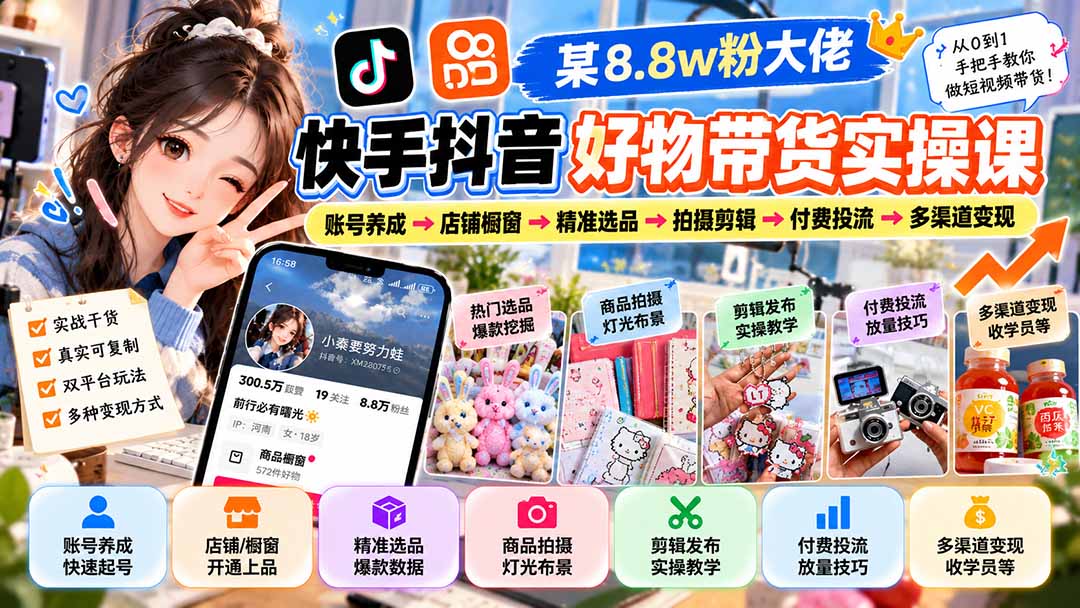 某8.8w粉大佬快手抖音好物带货实操课:账号养成→店铺橱窗→精准选品→拍摄剪辑→付费投流→多渠道变现