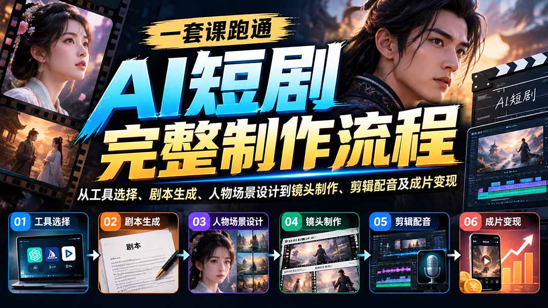 一套课跑通AI短剧完整制作流程:从工具选择、剧本生成、人物场景设计到镜头制作、剪辑配音及成片变现