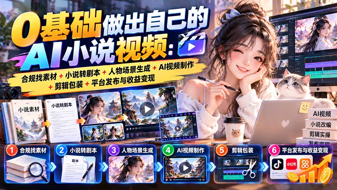 0基础做出自己的AI小说视频:合规找素材+小说转剧本+人物场景生成+AI视频制作+剪辑包装+平台发布与收益变现