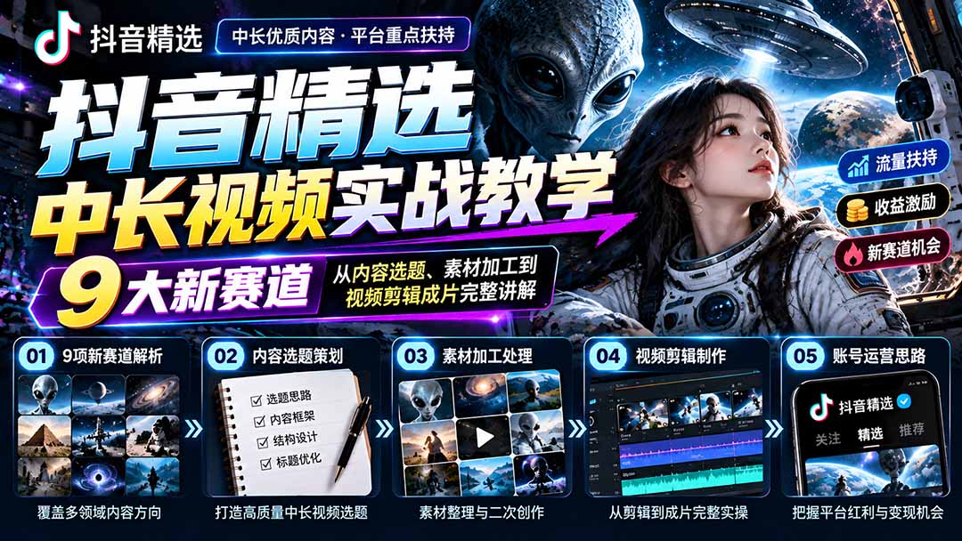 抖音精选中长视频实战教学:拆解9项细分赛道,从内容选题、素材加工到视频剪辑成片完整讲解