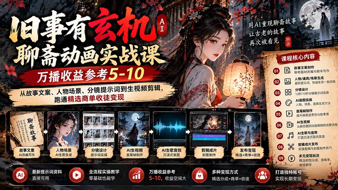 旧事有玄机AI聊斋动画实战9月新课:万播收益参考5-10,从故事文案、人物场景到分镜生视频,跑通精选商单收徒