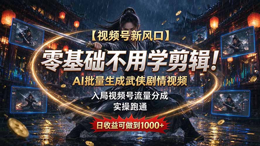 【视频号新风口】零基础不用学剪辑!AI 批量生成武侠剧情视频,入局视频号流量分成,实操跑通,日收益可做到 1000+