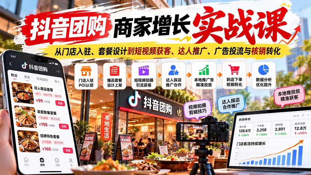 抖音团购商家增长实战课:从门店入驻、套餐设计到短视频获客、达人推广、广告投流与核销转化