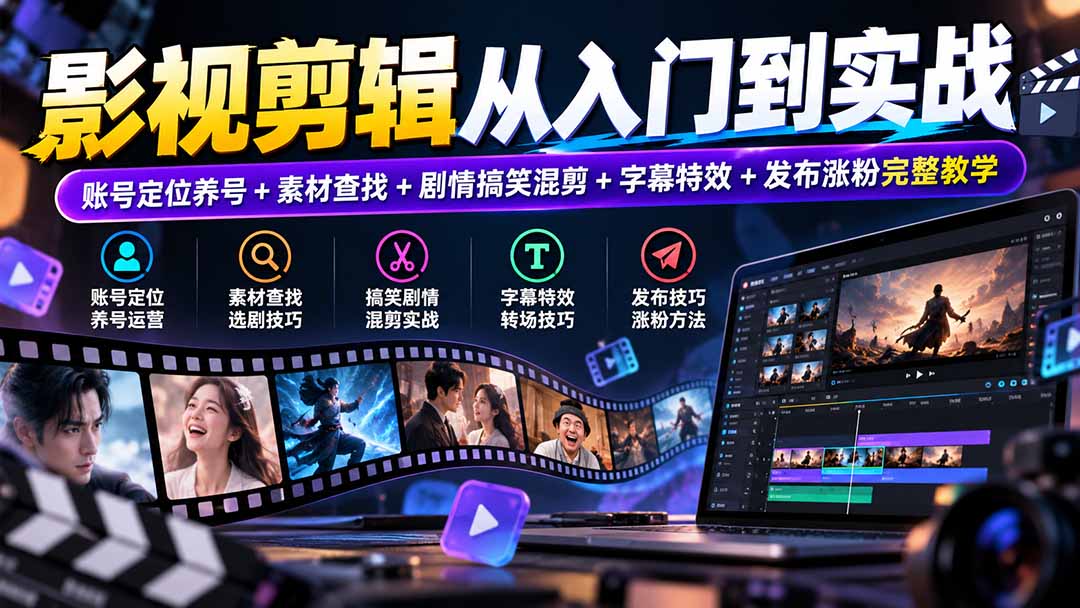 影视剪辑从入门到实战:账号定位养号+素材查找+剧情搞笑混剪+字幕特效+发布涨粉完整教学