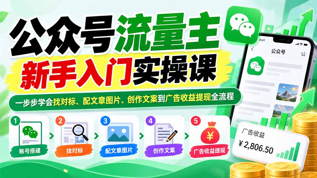 公众号流量主新手入门实操课:一步步学会找对标、配文章图片、创作文案到广告收益提现全流程