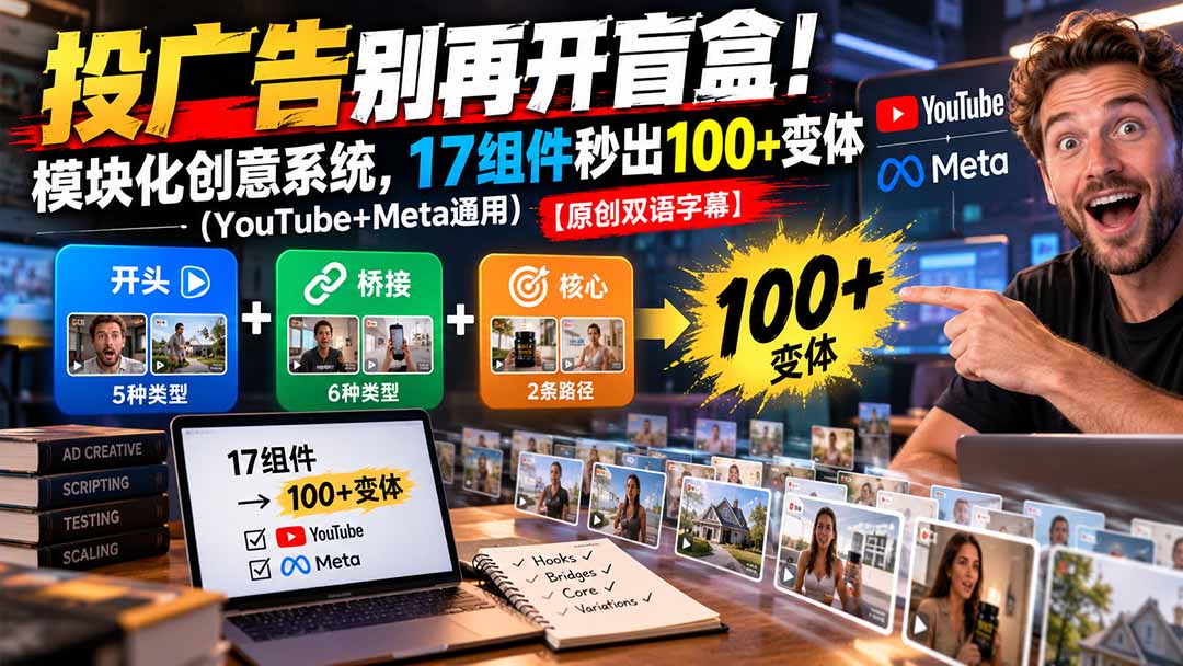 投广告别再开盲盒!模块化创意系统,17组件秒出100+变体(YouTube+Meta通用)【原创双语字幕】