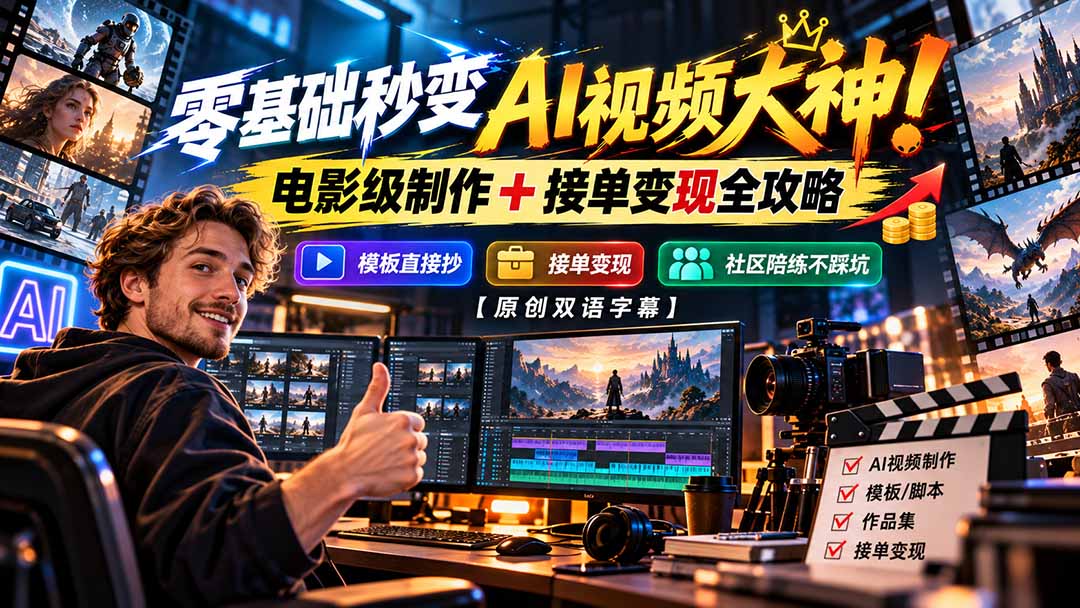 零基础秒变AI视频大神!电影级制作 + 接单变现全攻略,模板直接抄,社区陪练不踩坑【原创双语字幕】
