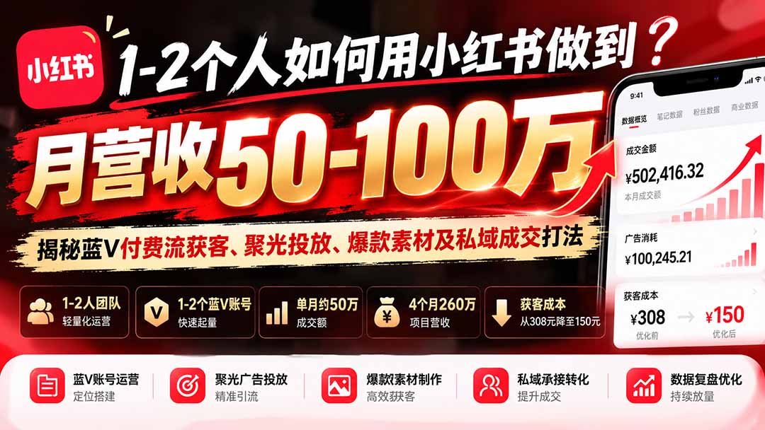 1-2个人如何用小红书做到月营收50-100万?揭秘蓝V付费流获客、聚光投放、爆款素材及私域成交打法