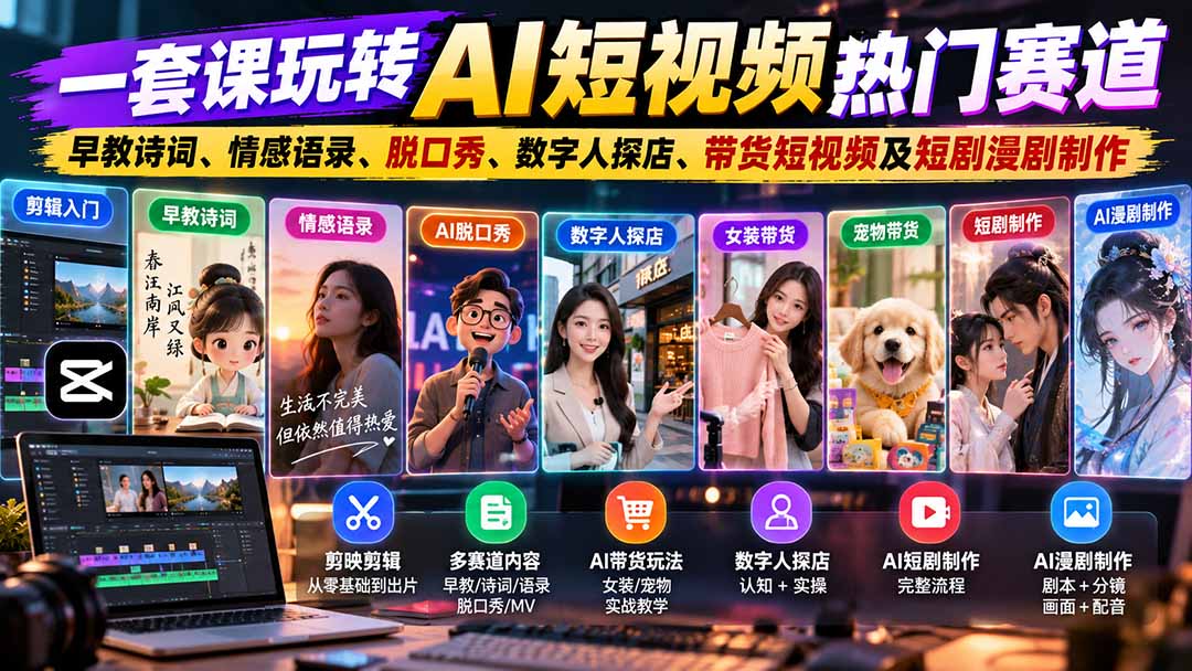 一套课玩转AI短视频热门赛道:早教诗词、情感语录、脱口秀、数字人探店、带货短视频及短剧漫剧制作 复制标题