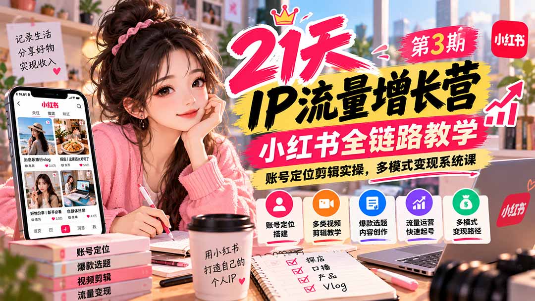 【无水印】21天IP流量增长营-第3期,小红书全链路教学,账号定位剪辑实操,多模式变现系统课