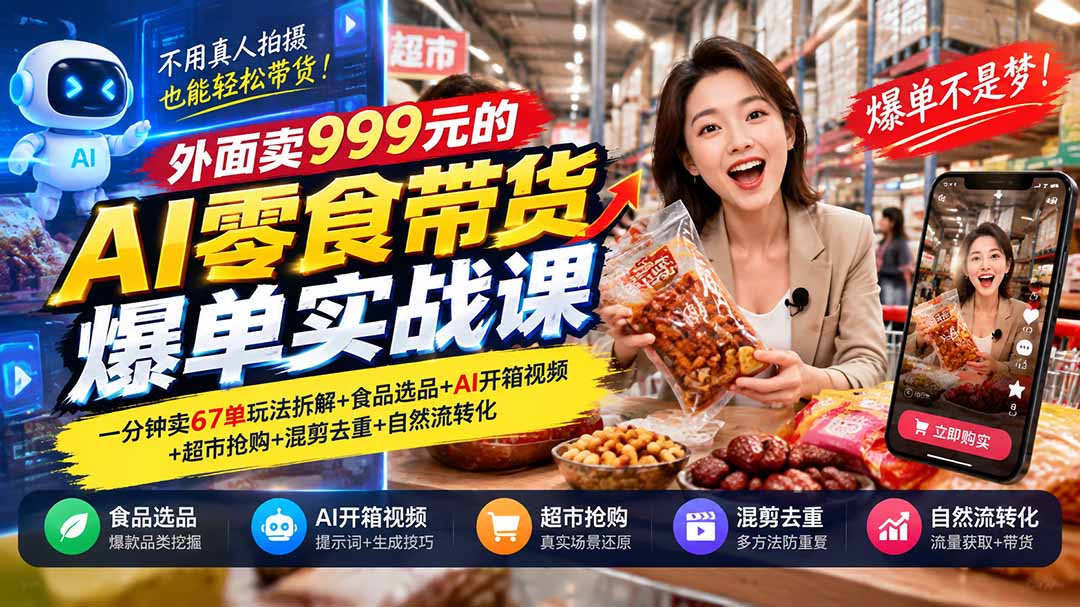 外面卖999元的AI零食带货爆单实战课|一分钟卖67单玩法拆解+食品选品+AI开箱视频+超市抢购+混剪去重+自然流转化