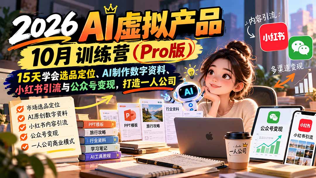 2026AI虚拟产品10月训练营(Pro版):15天学会选品定位、AI制作数字资料、小红书引流与公众号变现,打造一人公司
