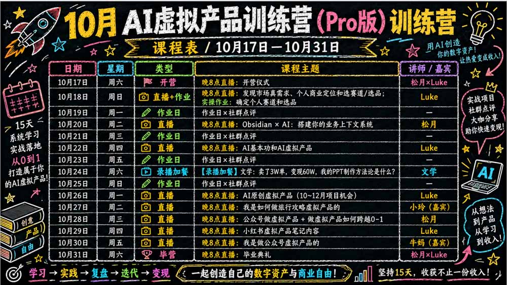 2026AI虚拟产品10月训练营(Pro版):15天学会选品定位、AI制作数字资料、小红书引流与公众号变现,打造一人公司
