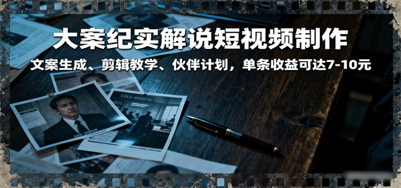 大案纪实解说短视频制作，文案生成、剪辑教学、伙伴计划，单条收益可达7-10元-初遇资源网