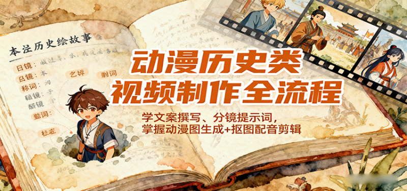 动漫历史类视频制作全流程,学文案撰写、分镜提示词,掌握动漫图生成+抠图配音剪辑-初遇资源网