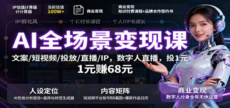 AI全场景变现课:文案/短视频/投放/直播/IP,数字人直播,投1元赚68元-初遇资源网
