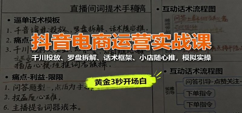 抖音电商运营实战课:千川投放、罗盘拆解、话术框架、小店随心推,模拟实操-初遇资源网