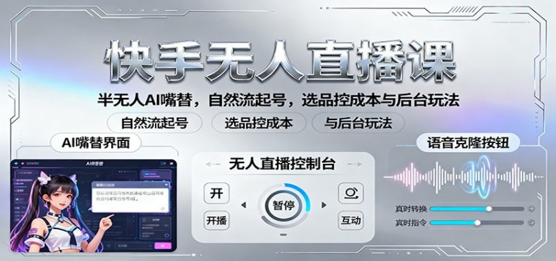 快手无人直播课：半无人AI嘴替，自然流起号，选品控成本与后台玩法-初遇资源网