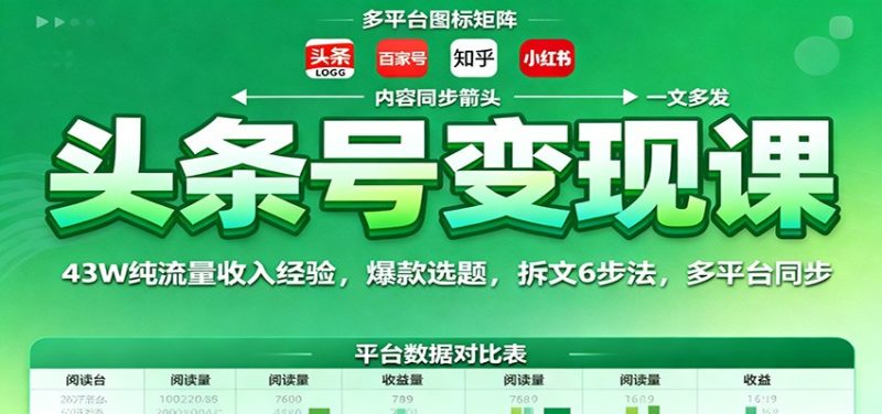 头条号变现课:43W纯流量收入经验,爆款选题,拆文6步法,多平台同步-初遇资源网