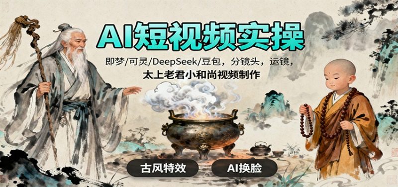 AI短视频实操，即梦/可灵/DeepSeek/豆包，分镜头，运镜，太上老君小和尚视频制作-初遇资源网