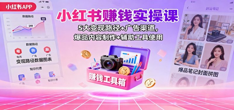 小红书赚钱实操课：5大变现路径+广告渠道，爆品内容制作+辅助工具使用-初遇资源网