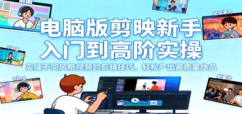 电脑版剪映新手入门到高阶实操,实操不同风格视频的剪辑技巧,轻松产出高质量作品-初遇资源网