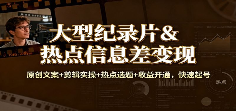 大型纪录片&热点信息差变现:原创文案+剪辑实操+热点选题+收益开通,快速起号-初遇资源网