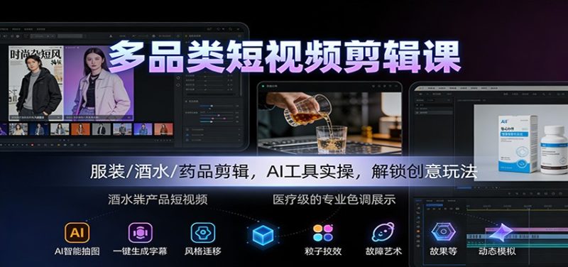 多品类短视频剪辑课:服装/酒水/药品剪辑,AI工具实操,解锁创意玩法-初遇资源网