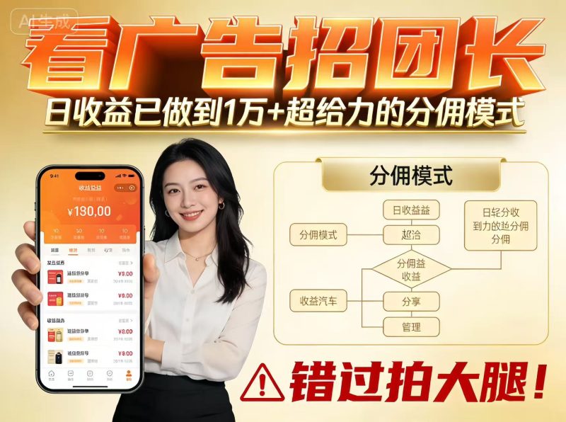 看广告招团长,团队收益已做到日入1万,分佣模式超给力,错过拍大腿-初遇资源网