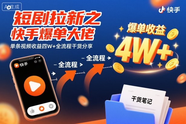 短剧拉新之快手爆单大佬单条视频收益四W+全流程干货分享-初遇资源网