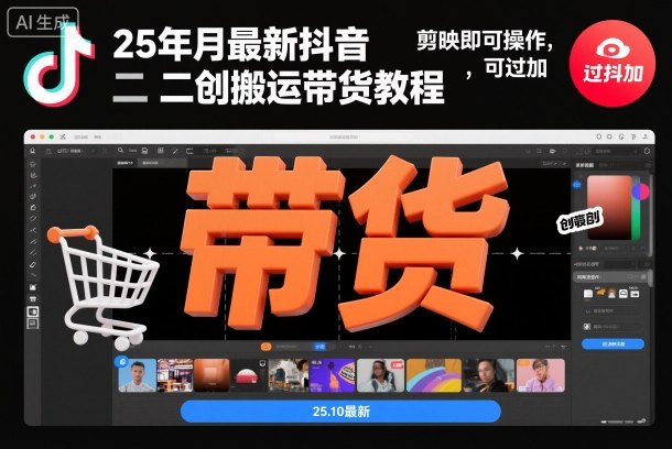 25年10月最新抖音二创搬运带货教程，剪映即可操作，可过抖加-初遇资源网
