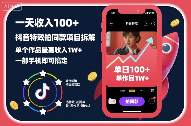 一天收入100+,抖音特效拍同款项目拆解,单个作品最高收入1W+,一部手机即可搞定-初遇资源网