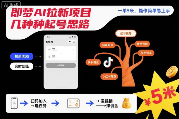 即梦AI拉新项目几种起号思路，一单5米，操作简单易上手-初遇资源网