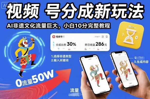 视频号分成新玩法,AI非遗文化流量巨大,小白10分钟搞定,完整教程-初遇资源网