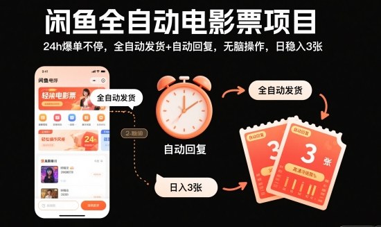 闲鱼全自动电影票项目,24h爆单不停,全自动发货+自动回复,无脑操作,日稳入3张-初遇资源网